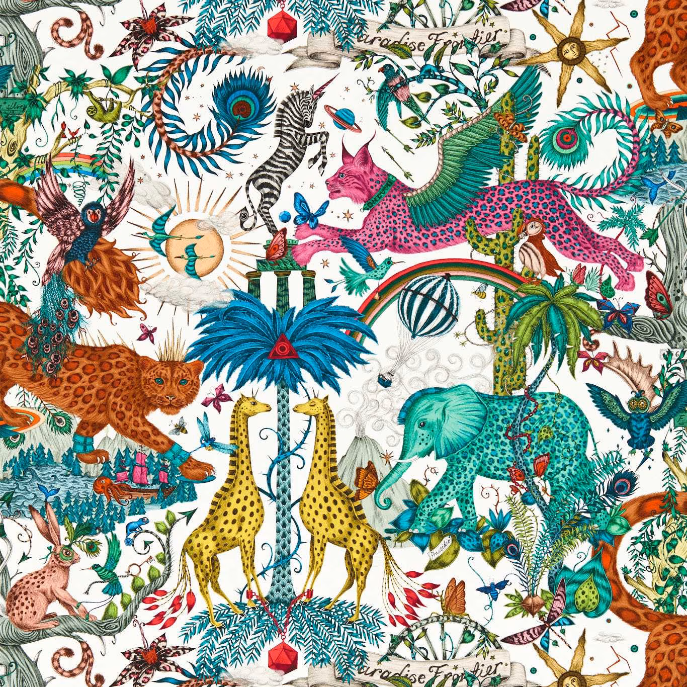 Ivory jungle wallpaper with turquoise elephant, twin giraffes, parrots and peacock feathers