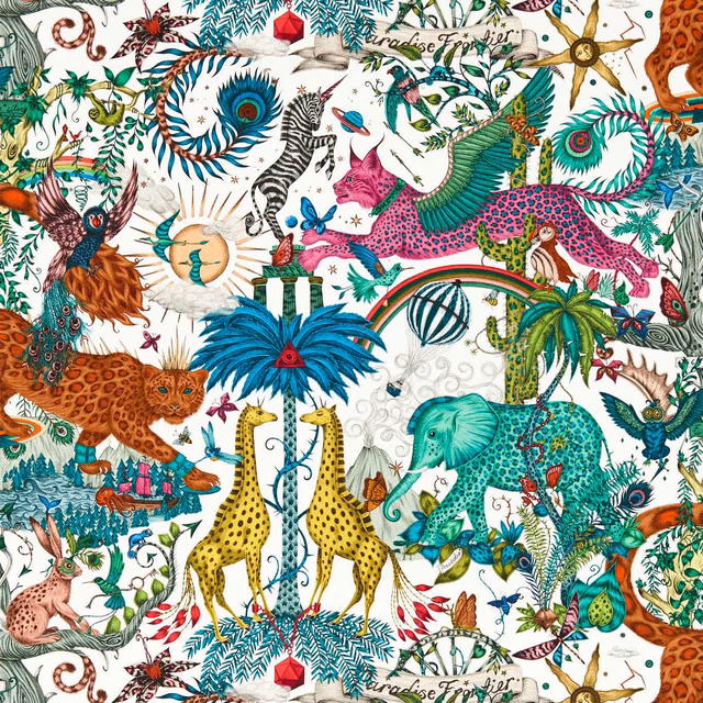 Ivory jungle wallpaper with turquoise elephant, twin giraffes, parrots and peacock feathers