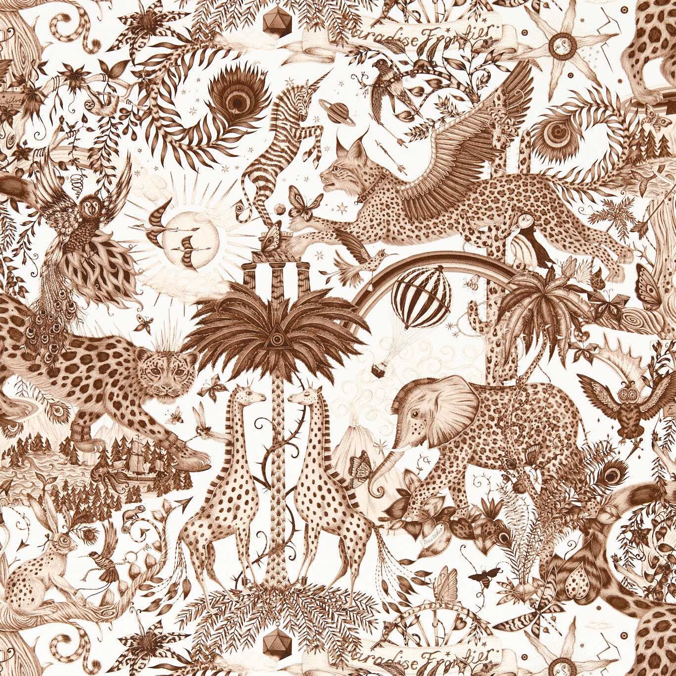 Cream wallpaper with warm sepia giraffes, leopard, birds and dense botanical illustrations