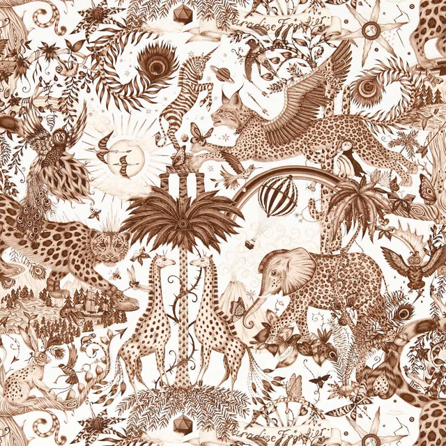 Cream wallpaper with warm sepia giraffes, leopard, birds and dense botanical illustrations