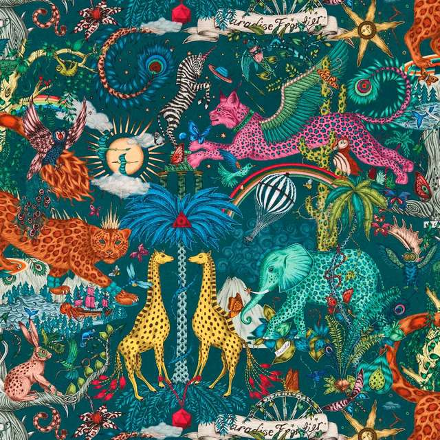 Deep teal jungle wallpaper with pink leopard, yellow giraffes and turquoise elephant