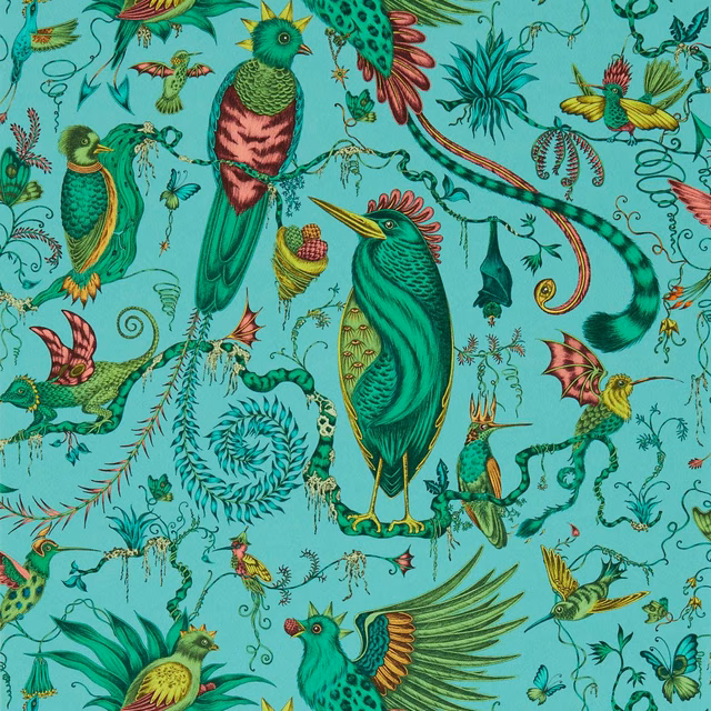 Vivid aqua wallpaper with jewel-toned birds, butterflies, curling foliage and exotic flowers