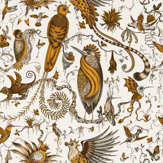 Quetzal Gold wallpaper showing ochre birds, botanical branches and butterflies on ivory