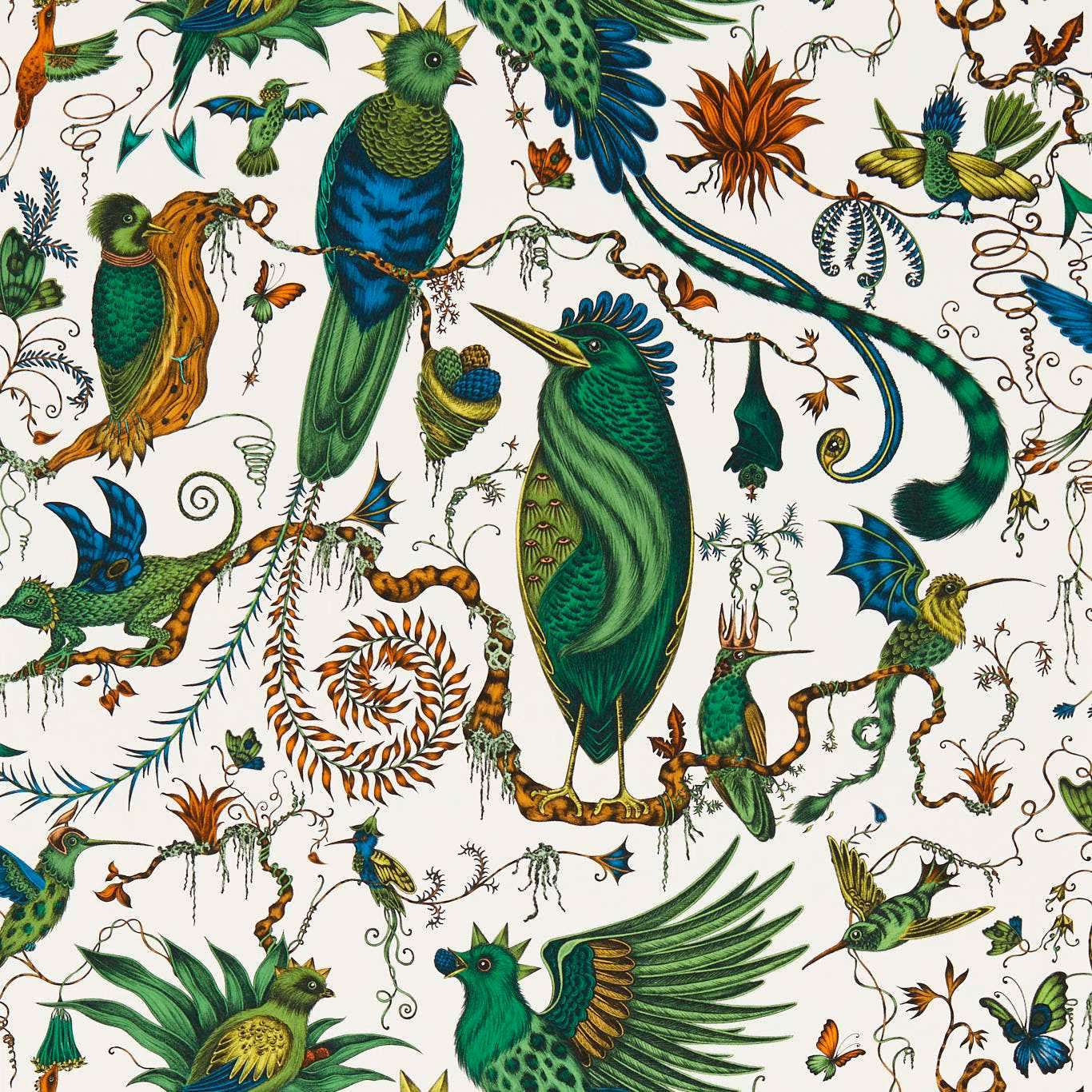 Emerald and teal birds, curling vines and orange botanical motifs on an ivory ground