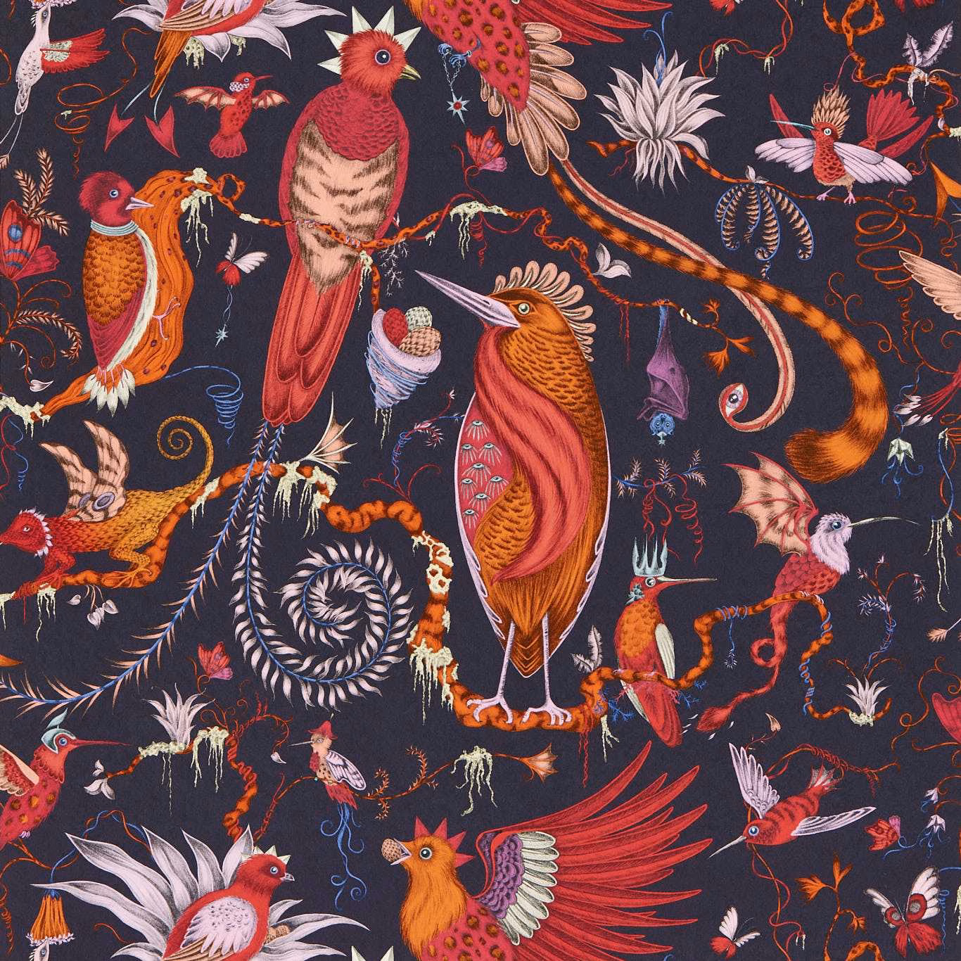 Deep violet wallpaper with scarlet birds, plumage, flowers and curling botanical details