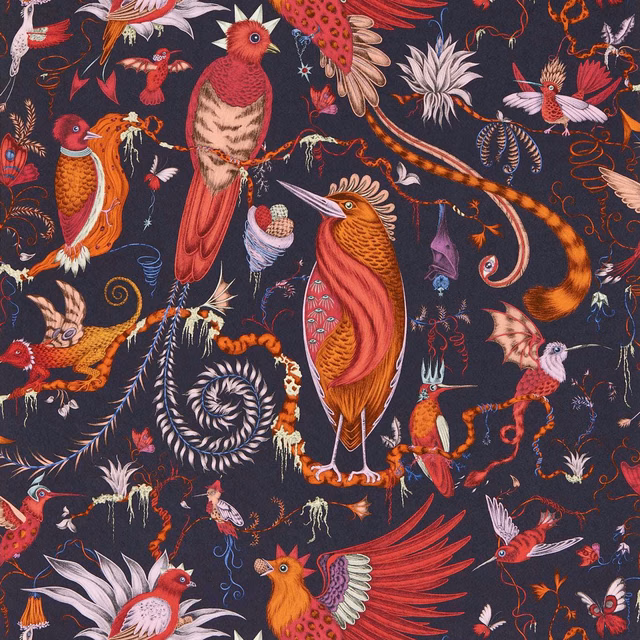 Deep violet wallpaper with scarlet birds, plumage, flowers and curling botanical details