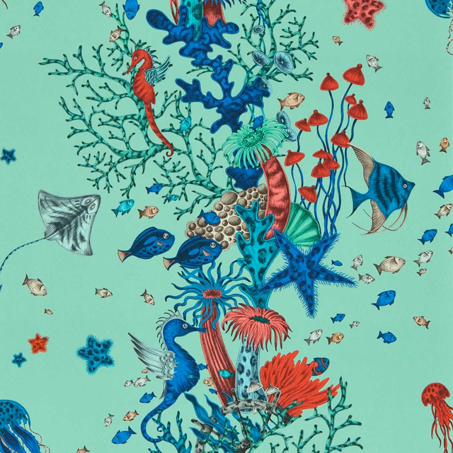 Aqua wallpaper with coral branches, blue fish, seahorses and red sea forms