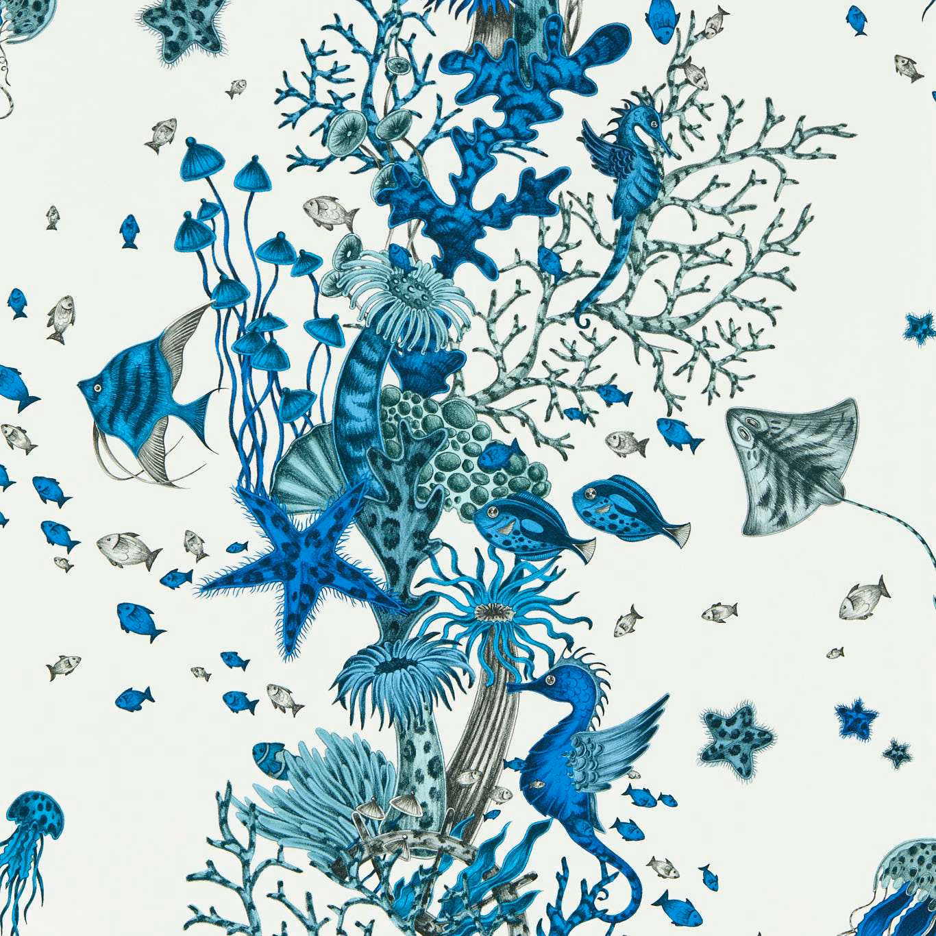 Blue and teal seahorses, coral, fish and starfish on a cream ground
