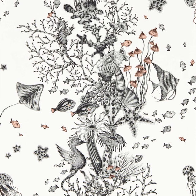 Ivory wallpaper with charcoal sea creatures, coral branches and blush mushroom-like forms