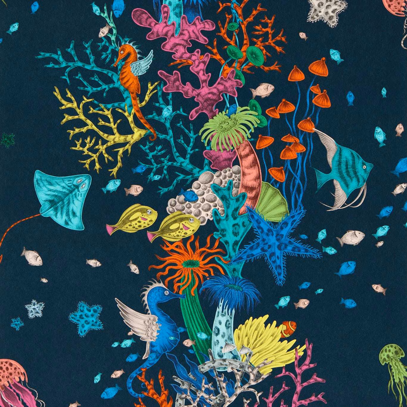 Deep navy wallpaper showing jewel-toned coral, fish, seahorse and starfish reef illustration