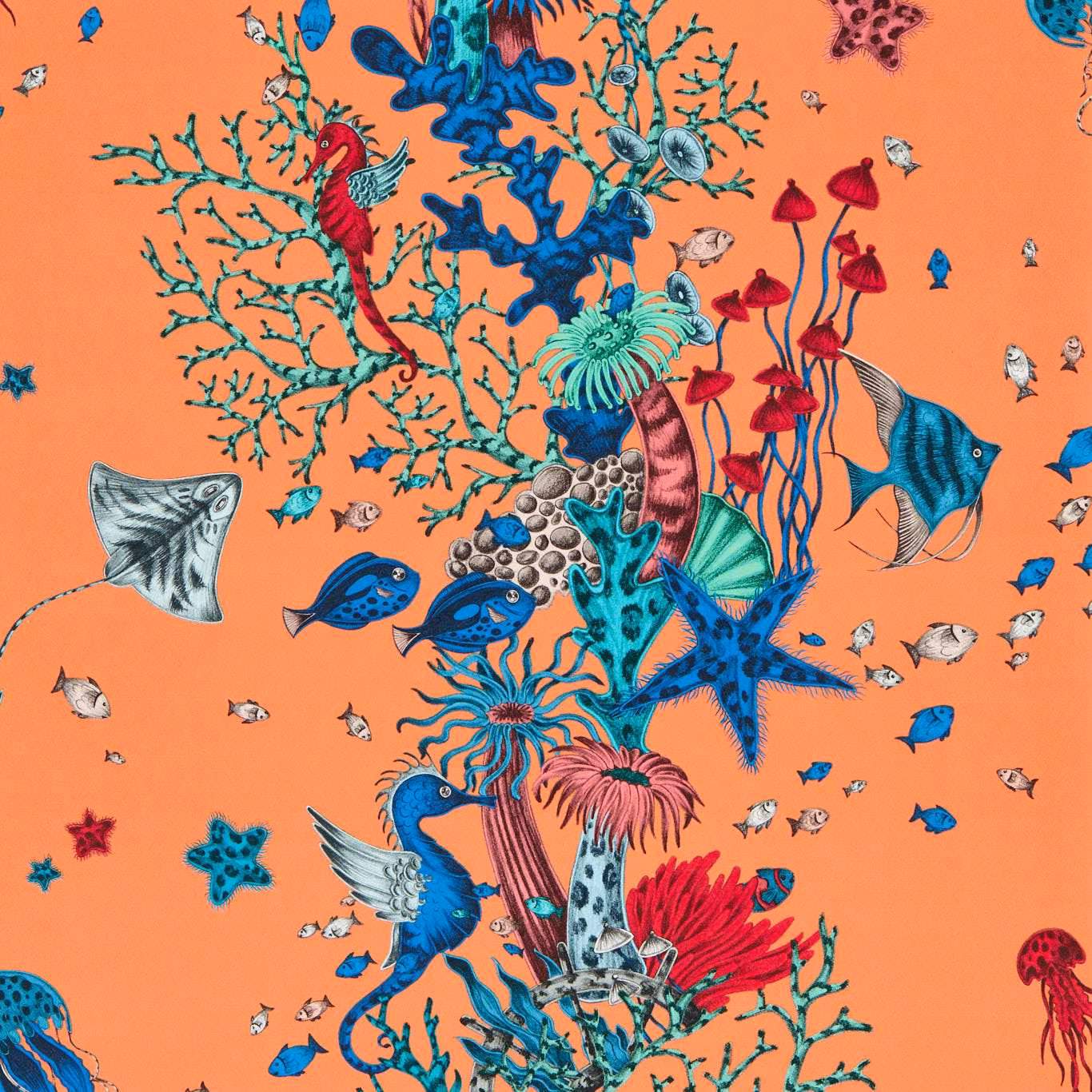 Coral-peach wallpaper with blue fish, sea creatures, coral branches and red anemones