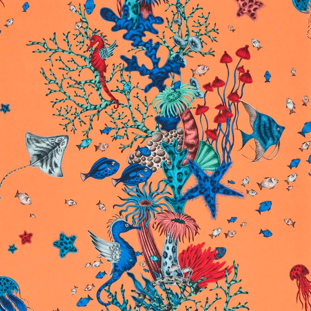 Coral-peach wallpaper with blue fish, sea creatures, coral branches and red anemones