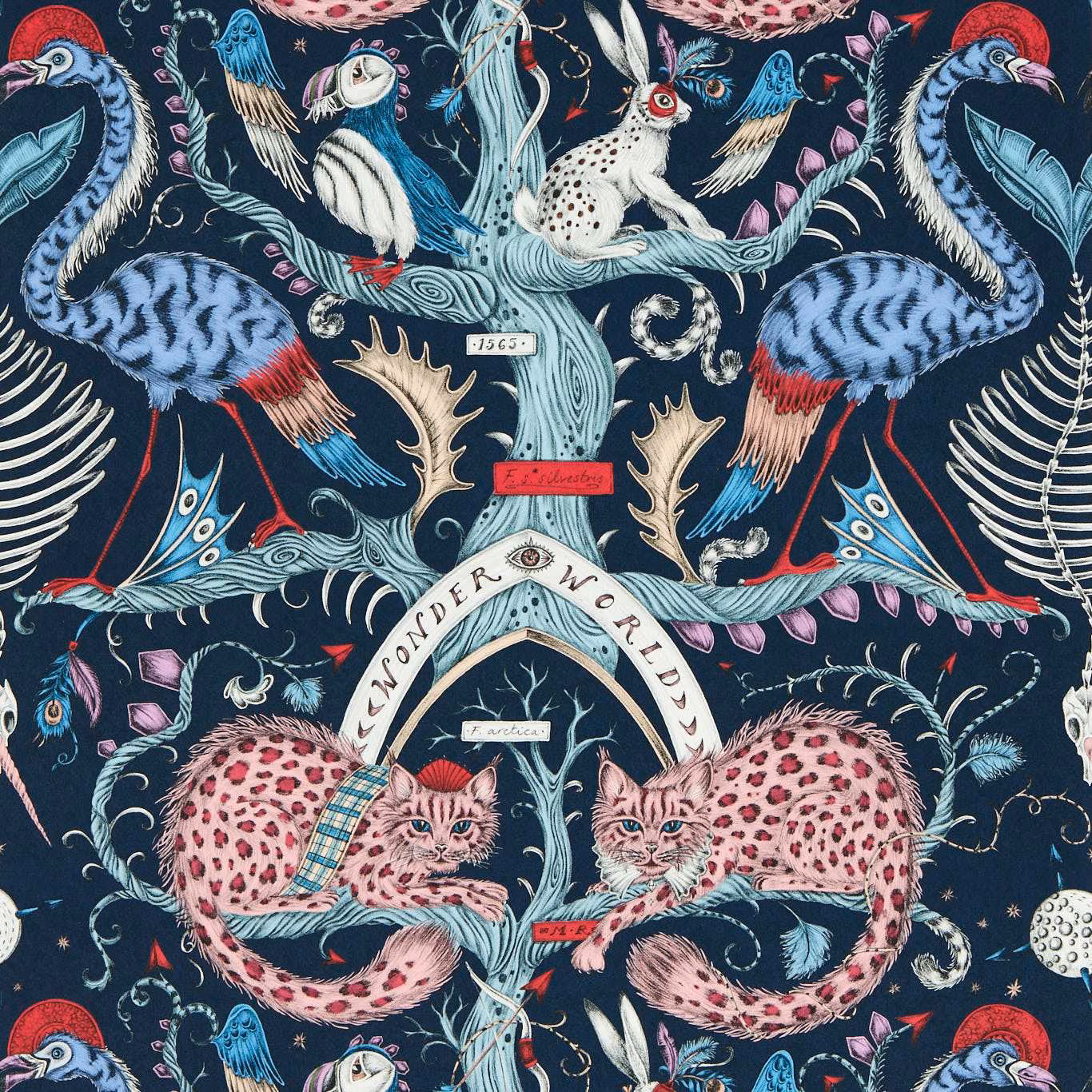 Deep navy wallpaper with berry cats, blue birds and intricate illustrated foliage