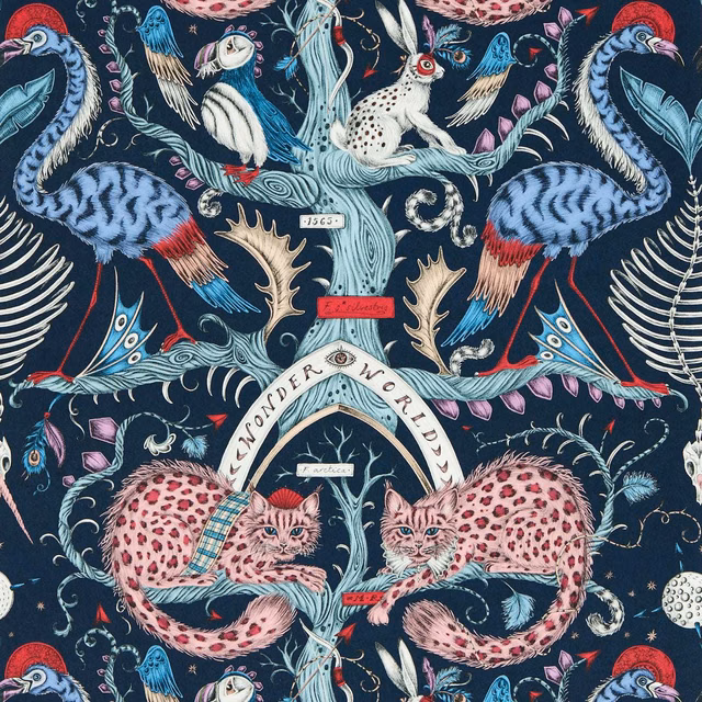 Deep navy wallpaper with berry cats, blue birds and intricate illustrated foliage