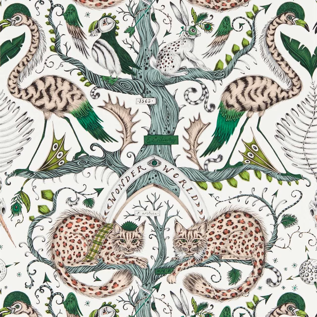 Emerald wallpaper with illustrated birds, spotted cats, foliage and a central twisting tree