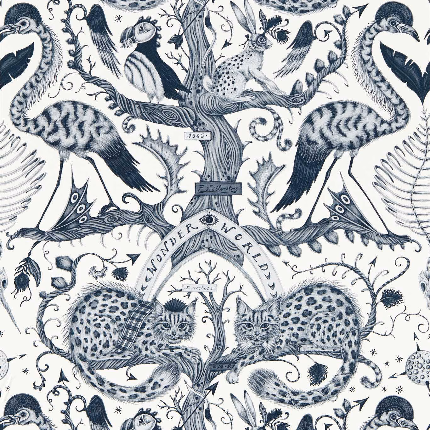 Ink-blue swans, leopards and birds on ivory Wonder World wallpaper