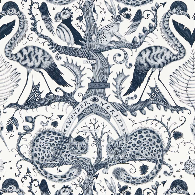 Ink-blue swans, leopards and birds on ivory Wonder World wallpaper