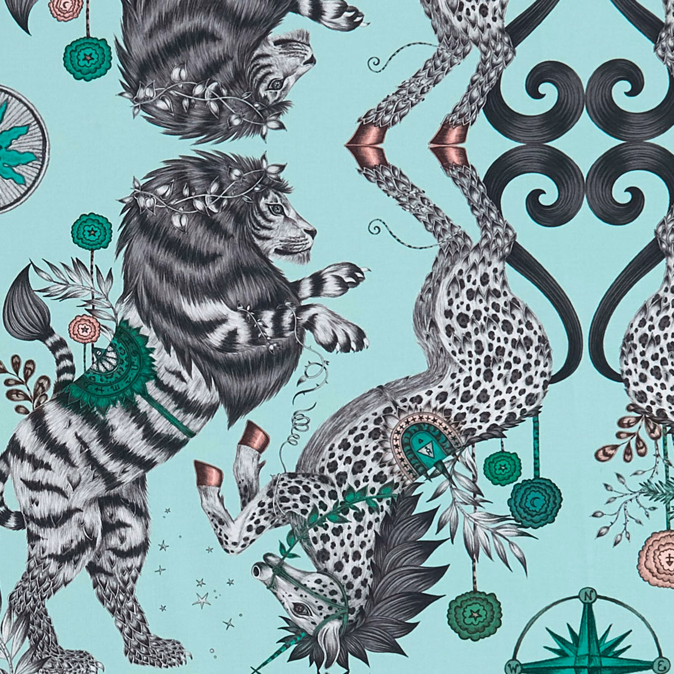 Pale aqua fabric with black and white tigers, spotted cats and botanical motifs