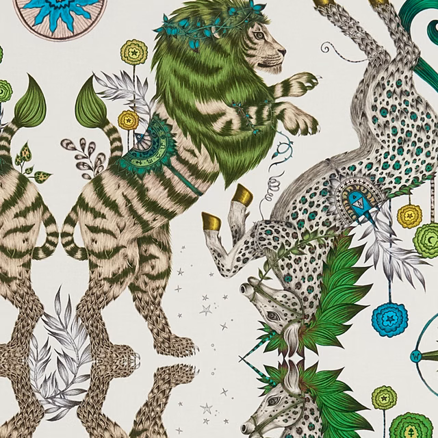 Caspian Lime fabric with lime wildlife, teal medallions and botanical illustrations