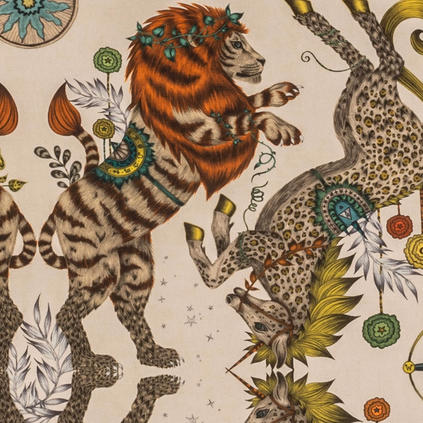 Warm cream-gold ground with orange tiger, spotted leopard, botanicals and teal accents