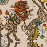 Warm cream-gold ground with orange tiger, spotted leopard, botanicals and teal accents