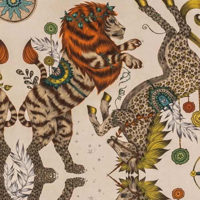 Warm cream-gold ground with orange tiger, spotted leopard, botanicals and teal accents