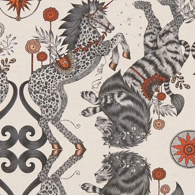 Warm nude ground with charcoal leopards, spotted horse and rust botanical medallions