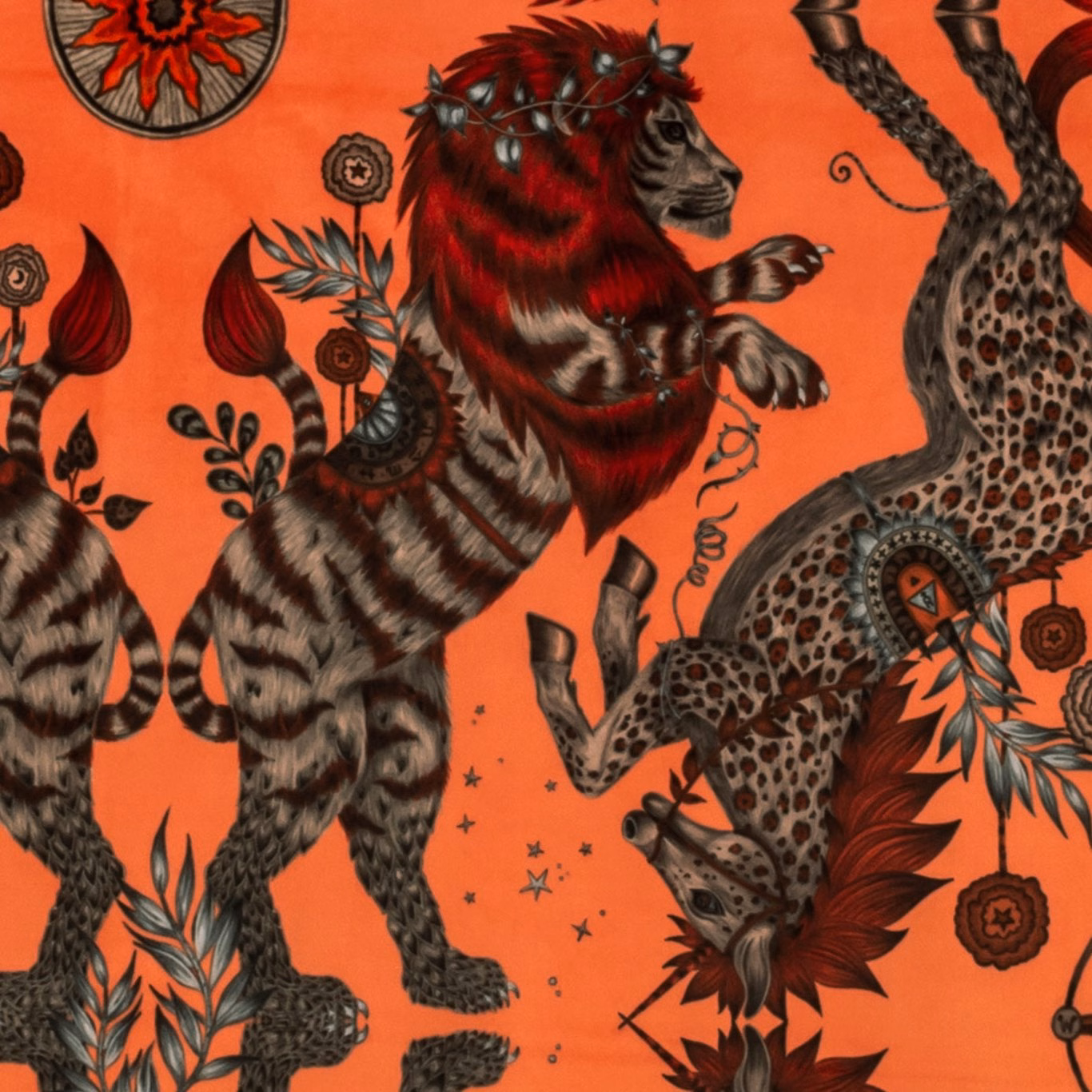 Coral velvet showing striped red-maned cats, spotted feline and botanical motifs