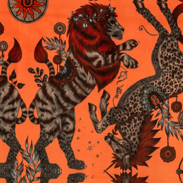 Coral velvet showing striped red-maned cats, spotted feline and botanical motifs