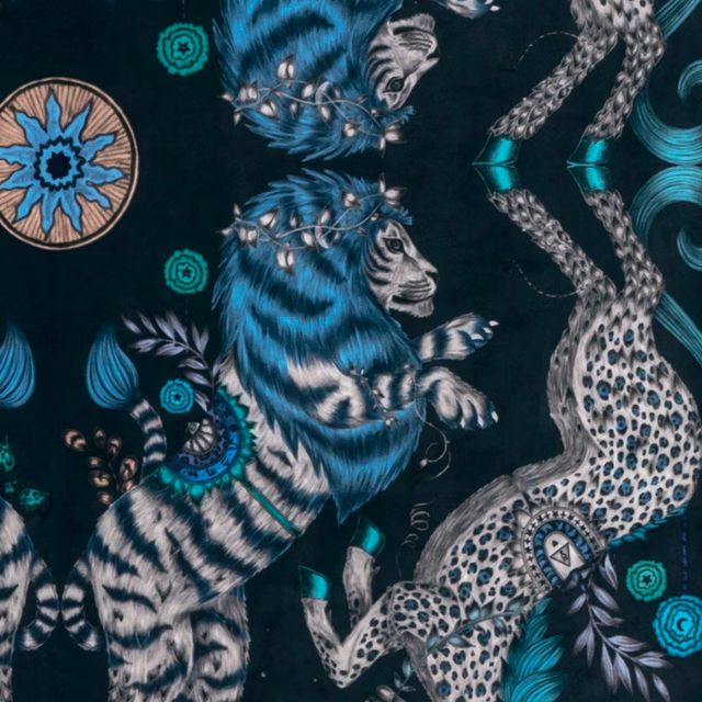 Dark navy velvet with turquoise tigers, spotted leopards, zebra stripes and medallions