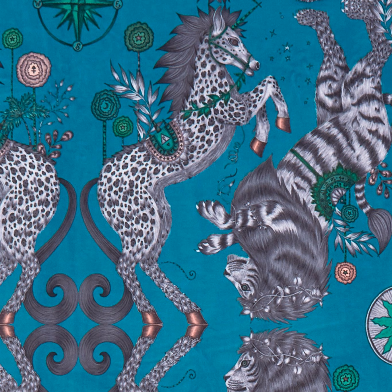 Teal velvet with spotted rearing horses, striped feline figures and botanical medallions