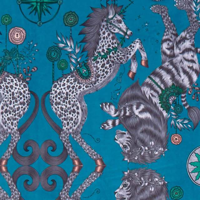 Teal velvet with spotted rearing horses, striped feline figures and botanical medallions