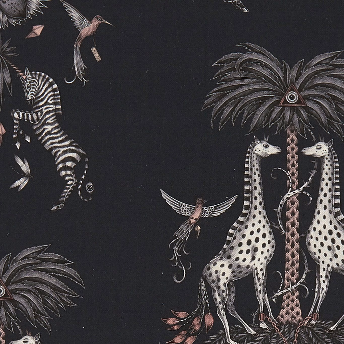 Charcoal fabric with pale giraffes, zebra, birds and blush palm details