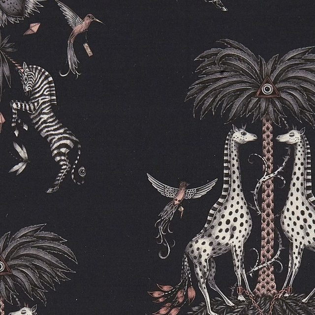 Charcoal fabric with pale giraffes, zebra, birds and blush palm details