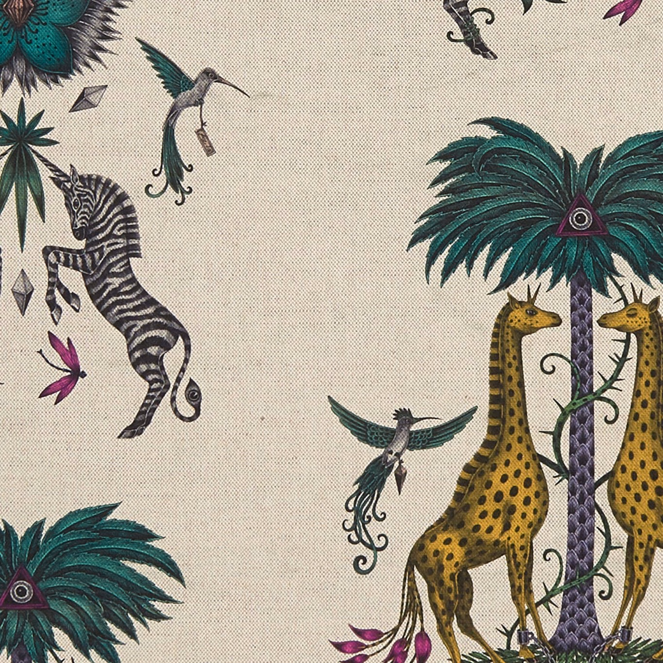 Ochre giraffes and teal palm leaves on a warm linen jungle-print fabric