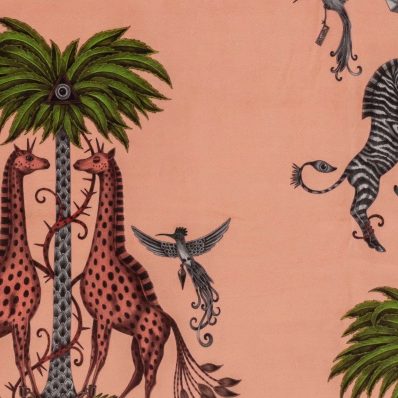 Dusty coral pink velvet with spotted giraffes, palm leaves, zebra and flying bird motifs