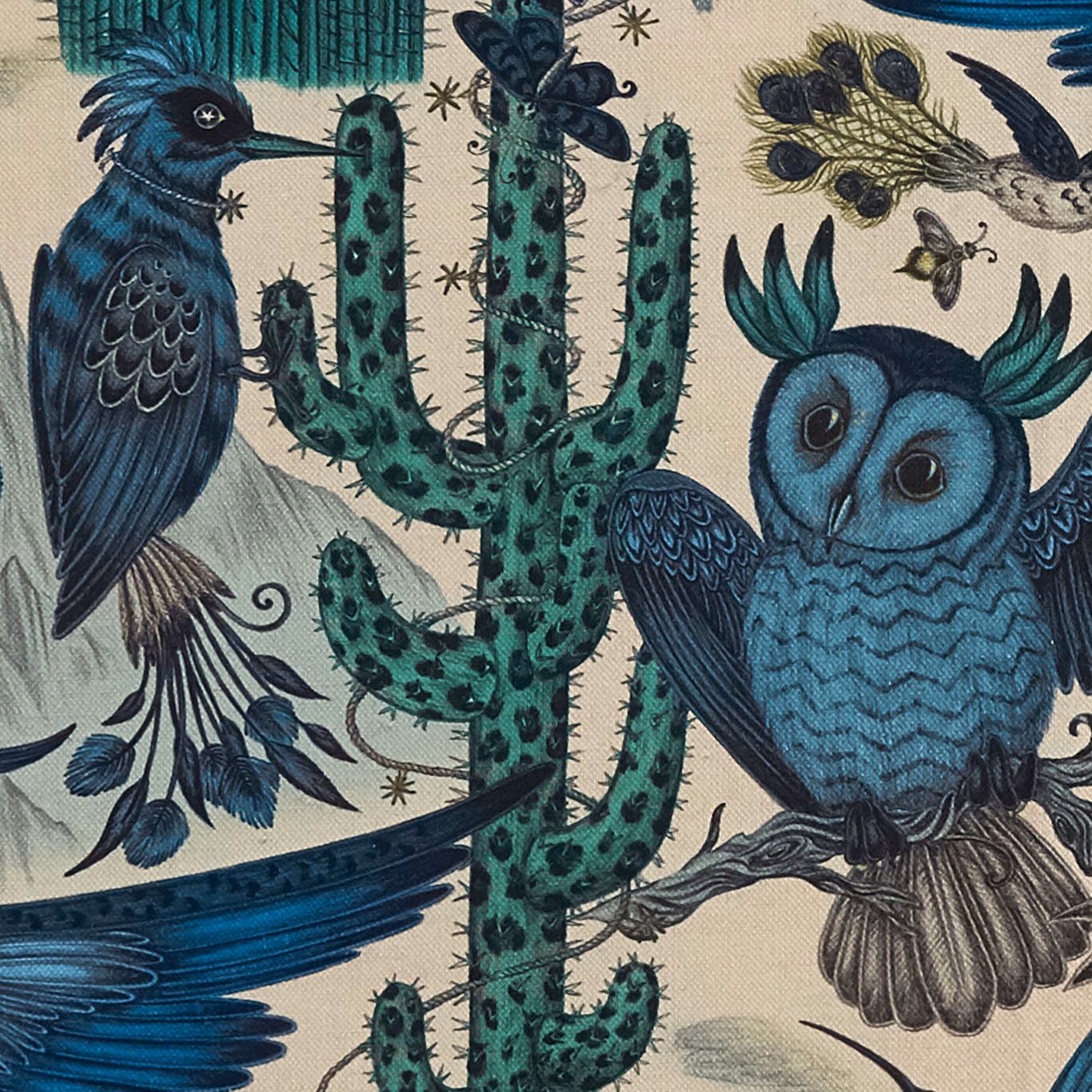 Blue owl and birds among teal cacti on a warm ivory ground