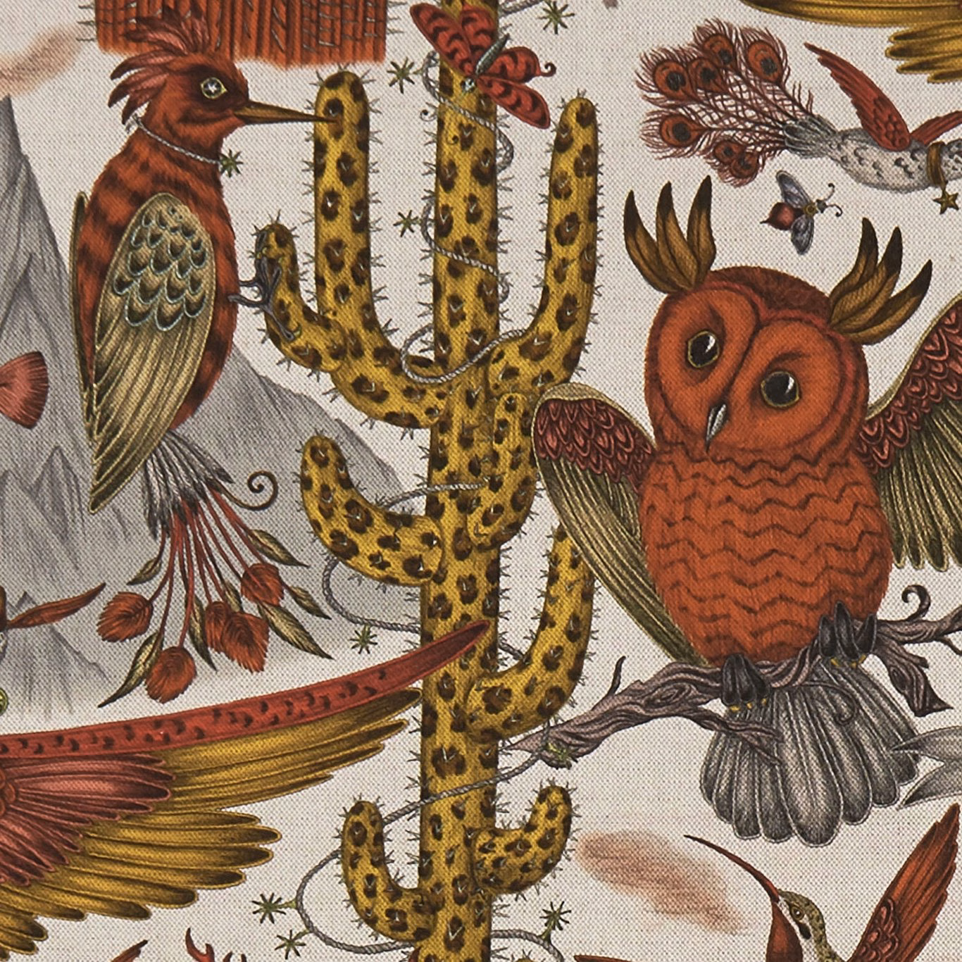 Ochre cactus and rust owl illustration on a warm ivory fabric ground