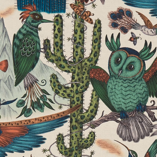 Green owl and bird fabric with cactus, teal feathers and rust botanical details
