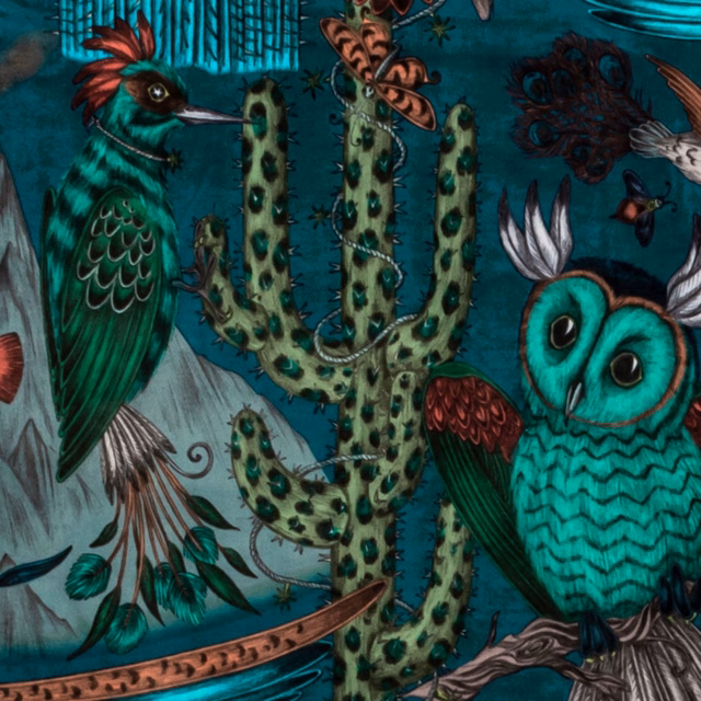 Deep teal velvet with illustrated hummingbird, owl, cactus and botanical motifs