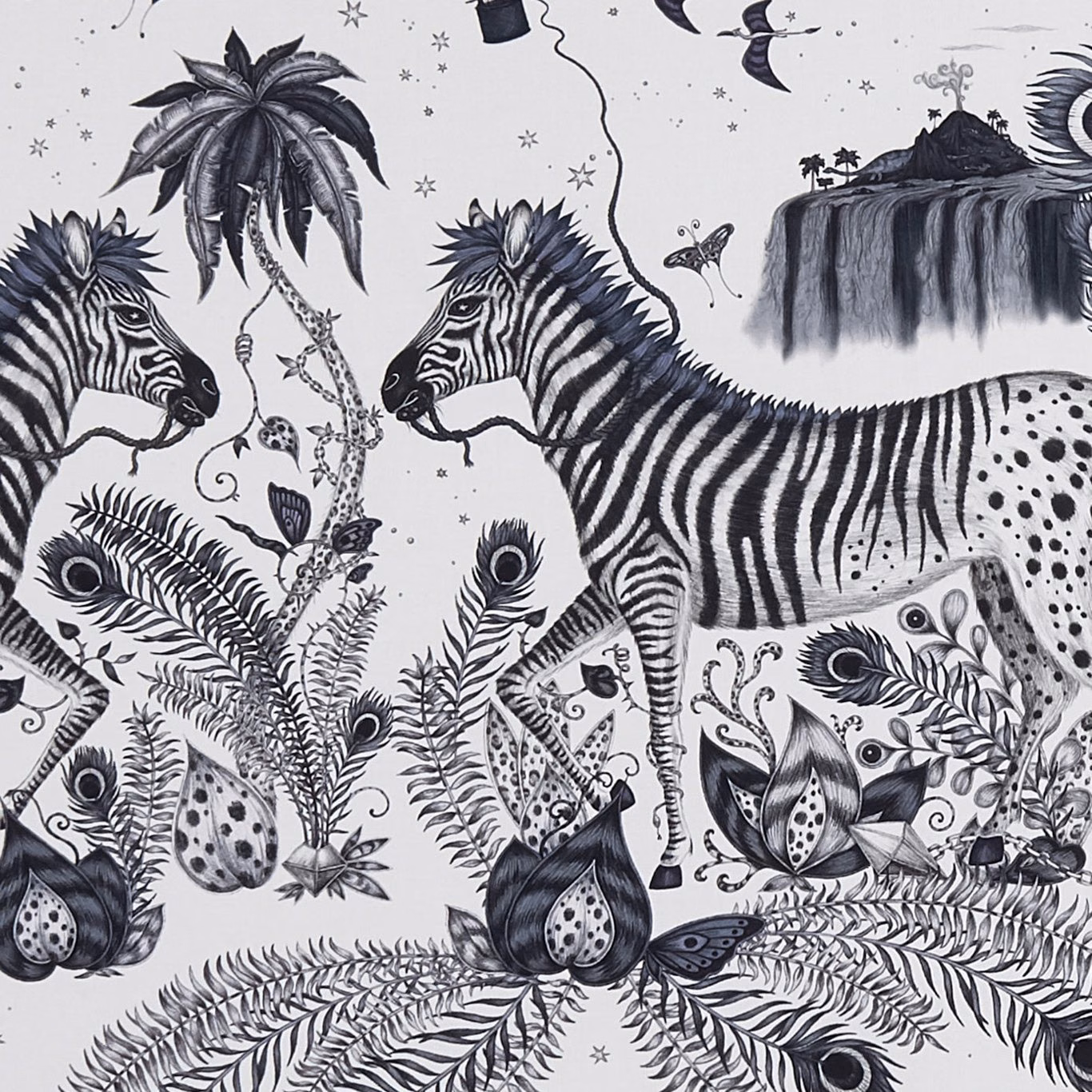 Blue-grey and ivory safari print with zebras, palms, foliage and waterfall
