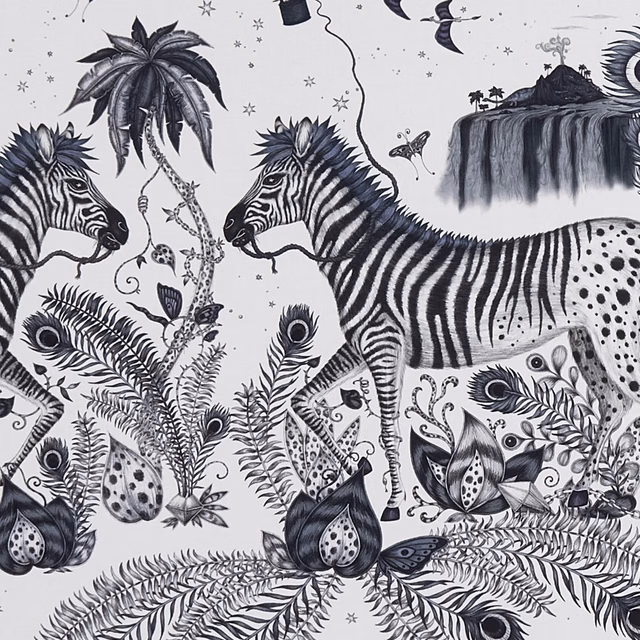 Blue-grey and ivory safari print with zebras, palms, foliage and waterfall