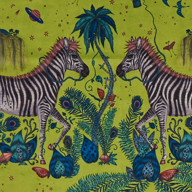 Lime-green velvet with mirrored zebras, palm, blue foliage and jewel-toned jungle motifs