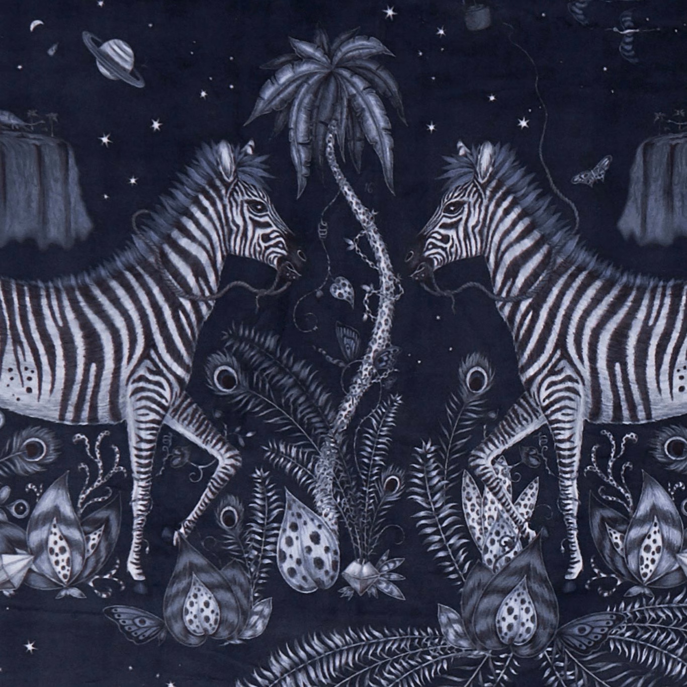 Deep navy velvet showing mirrored zebras, palms, giraffe and starry jungle motifs