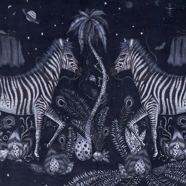 Deep navy velvet showing mirrored zebras, palms, giraffe and starry jungle motifs