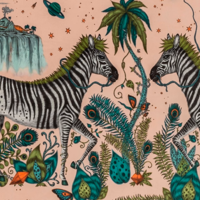 Blush pink velvet with striped zebras, teal palms, peacock feathers and jungle foliage