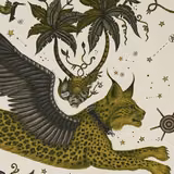 Warm ivory fabric with a muted-gold, olive spotted lynx and black wing