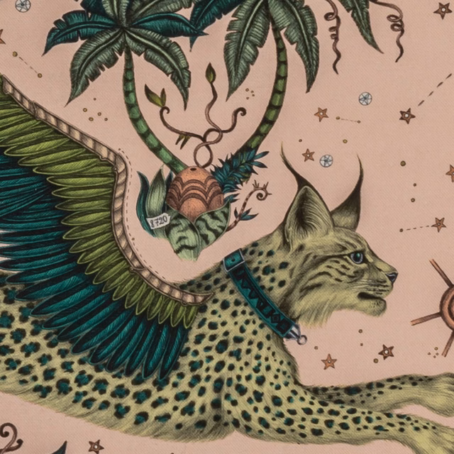 Dusty pink jungle scene with spotted lynx, palms, feathers and stars