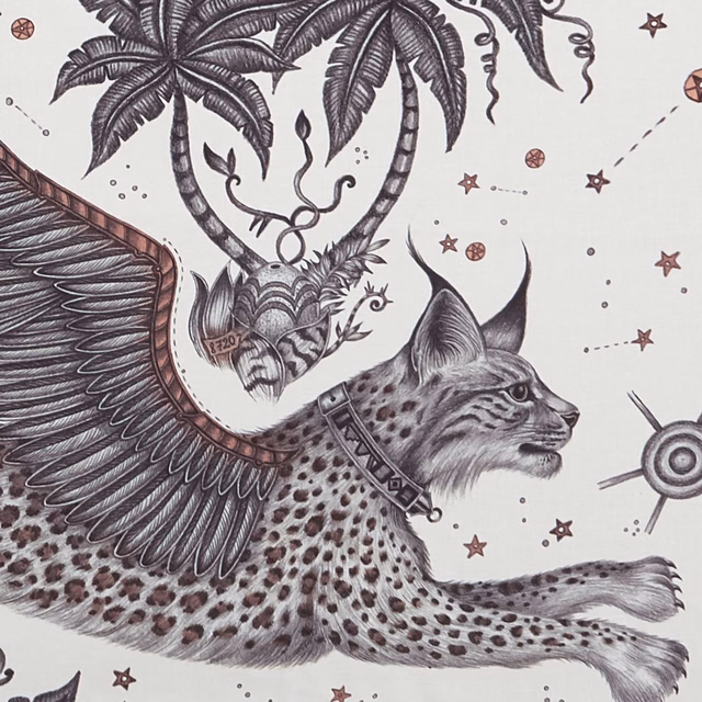 Nude ivory fabric with charcoal palms, spotted lynx, winged creature and dusty-rose stars