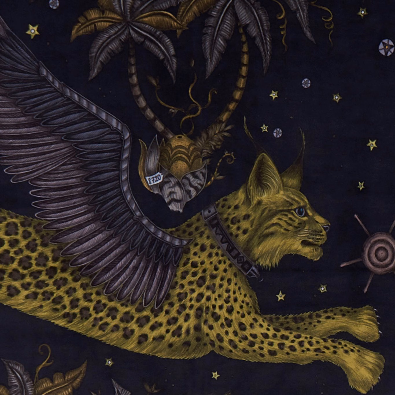 Charcoal velvet with olive leopard, winged bird, foliage and scattered stars